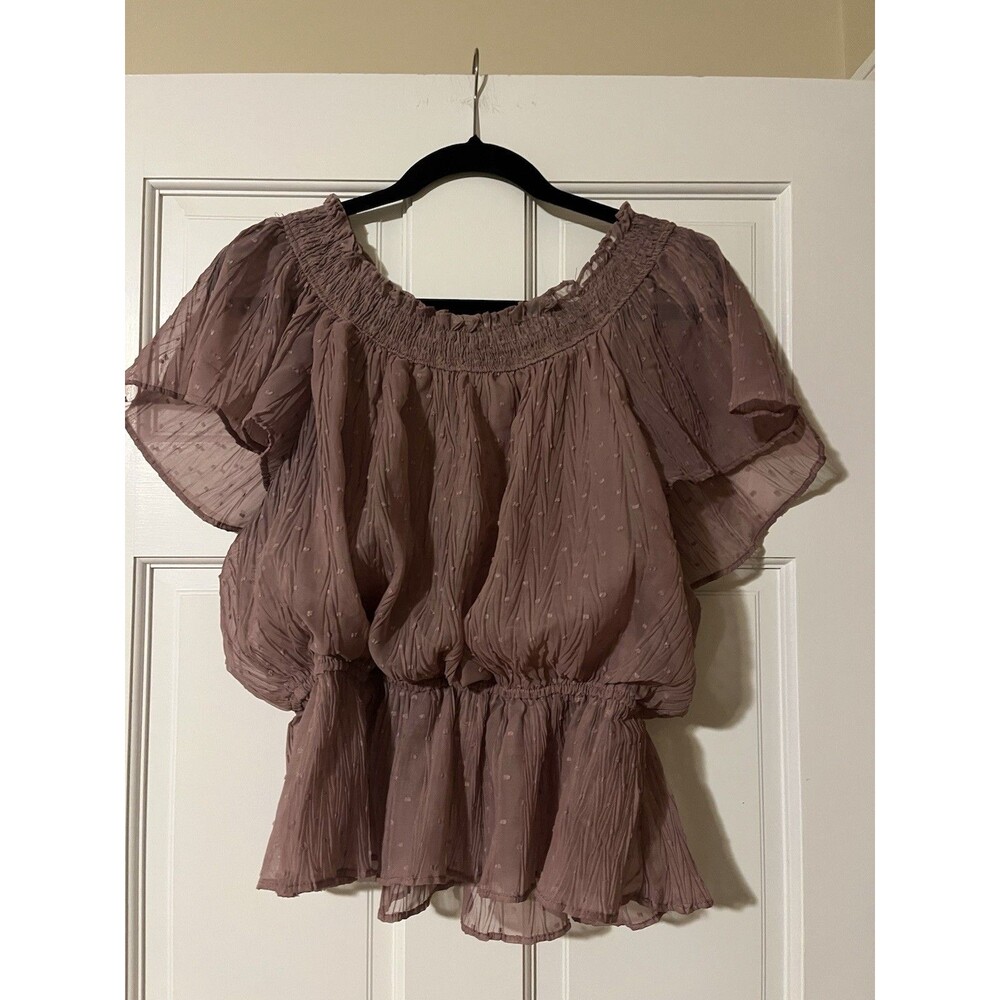 Blu Pepper Women’s Mauve Polka Dot Off Shoulder Flutter Chiffon Peplum Blouse L